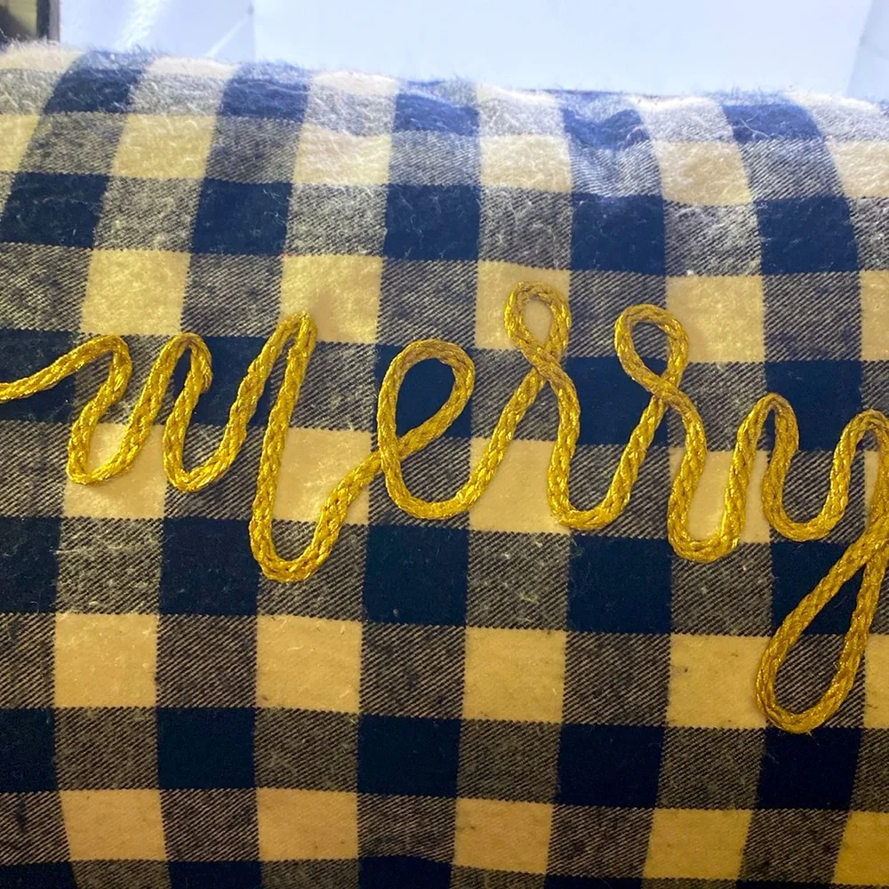 Merry Lumbar Black And White Buffalo Plaid Check Holiday Pillow Gold Embroidery